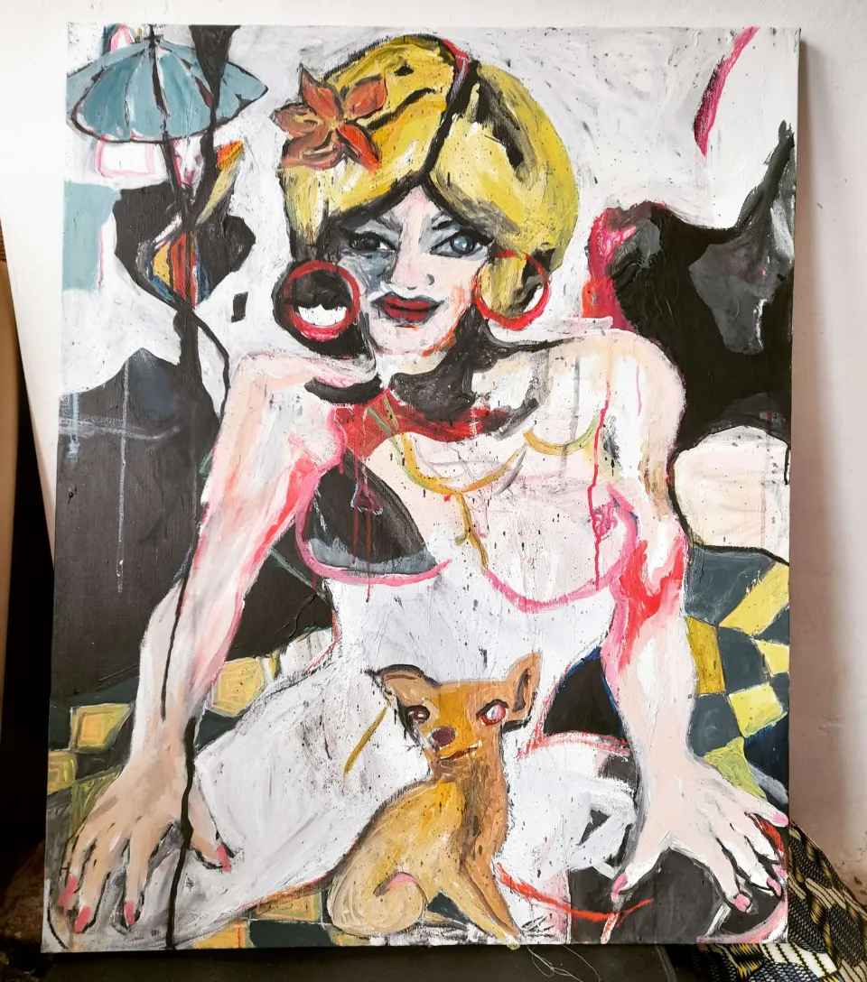 La femme au shiwawa, acrylic painting 80x100cm 2022